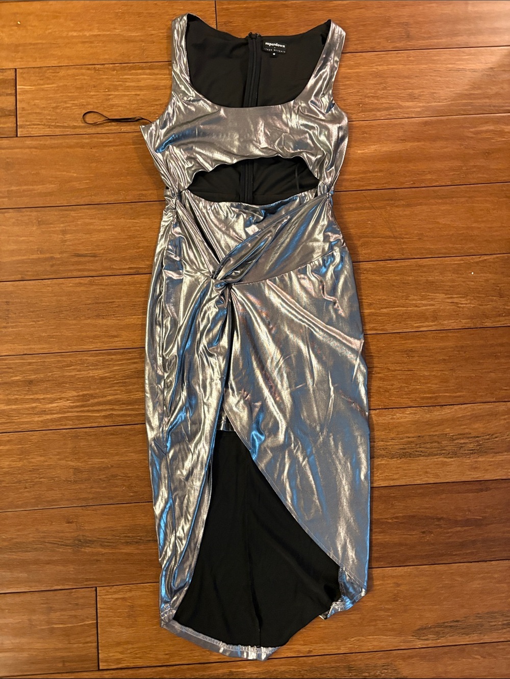 superdown Metallic Silver High-Low Cutout Midi Dress